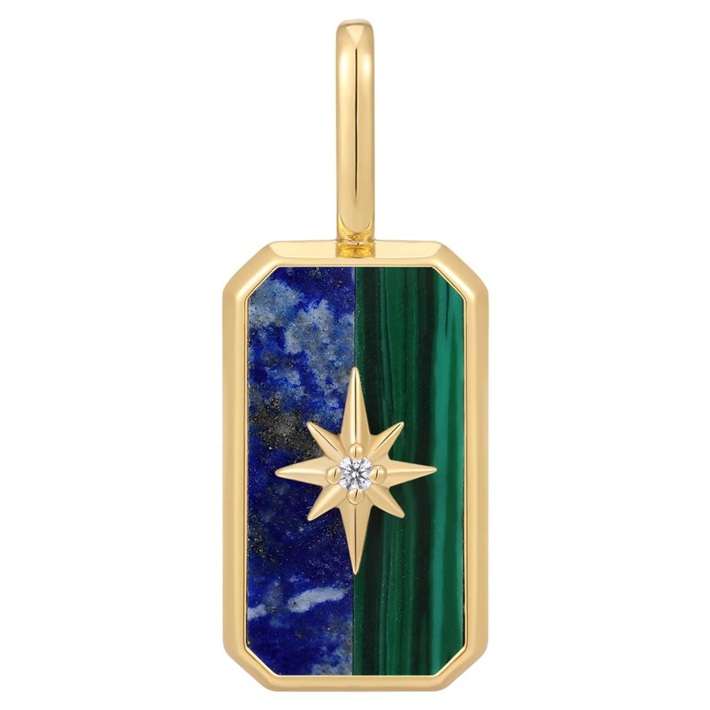 Charms til smykke/arml fg.sølv Star tag plate m/blå/grønn epoxy + stjerne