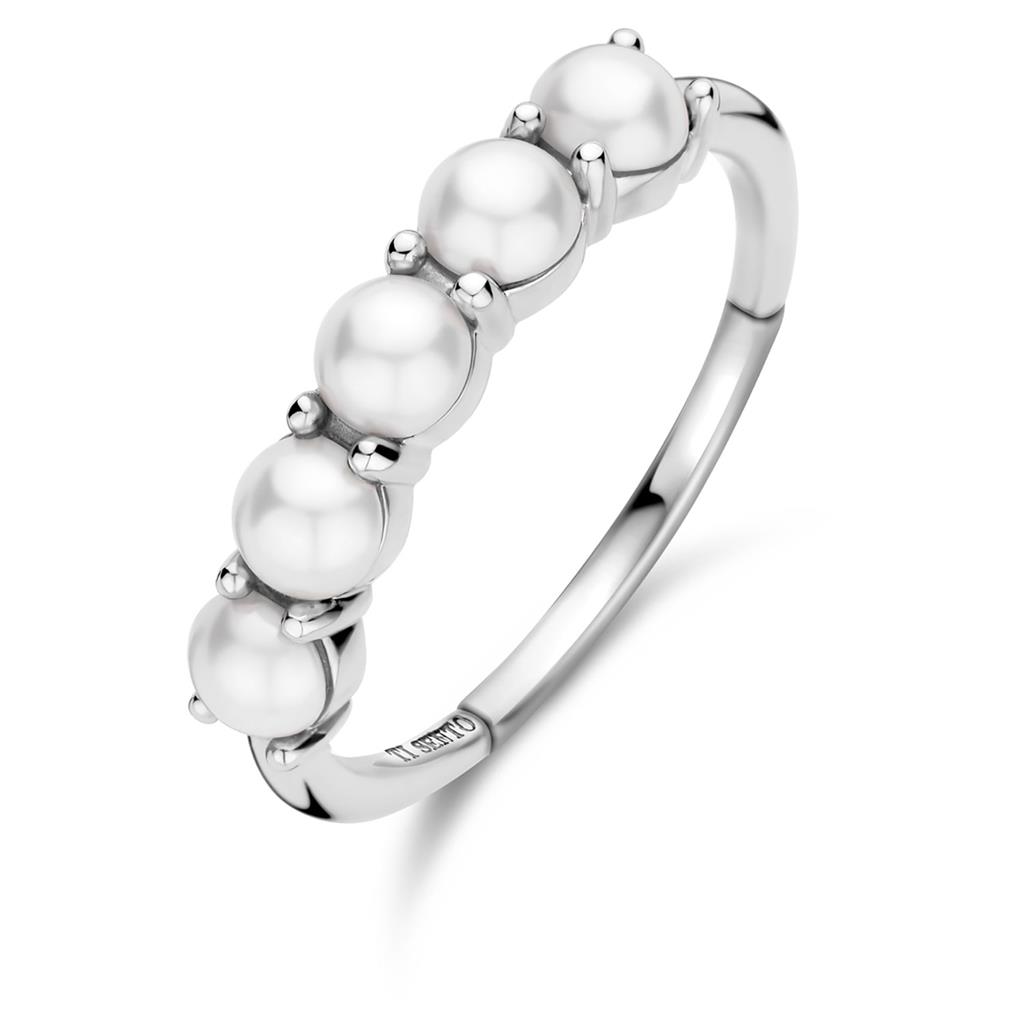 Ring rh.sølv m/5 hvite perler i klør (4mm)