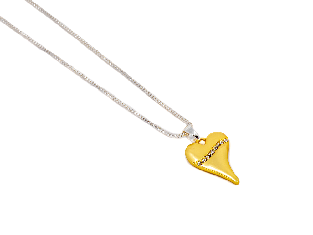 Halssmykke "gull" matt hjerte m/rad av blanke stener "Glede" på baksiden 43+5cm
