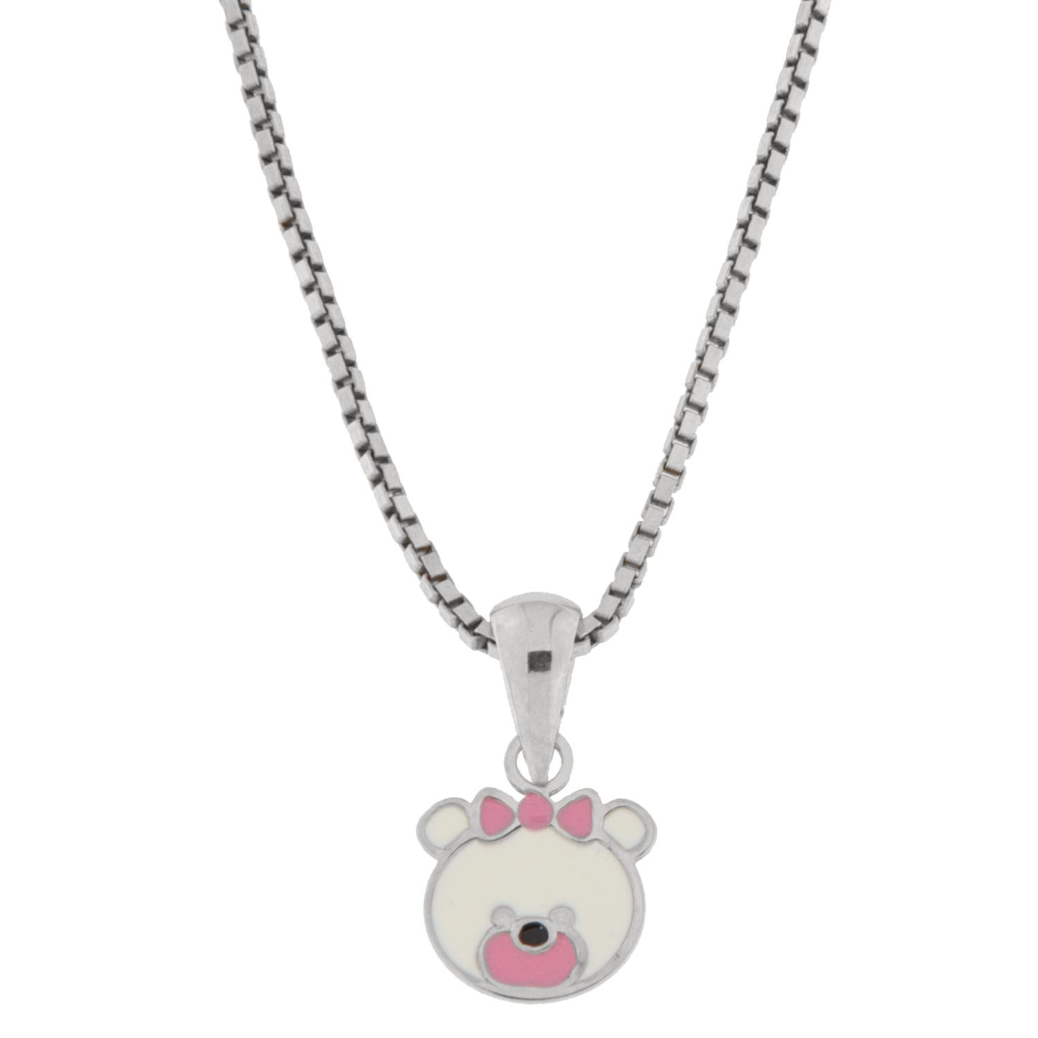 Anheng rh.sølv bamse m/ rosa + hvit emalje