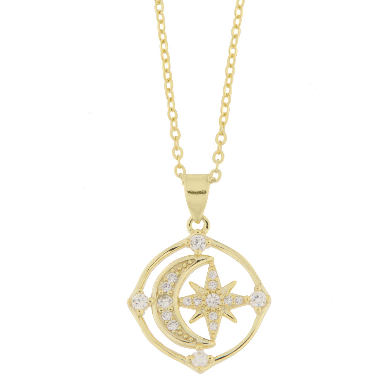 Collier fg.sølv 15mm sirkel m/ måne og stjerne + zirconer 40+3cm