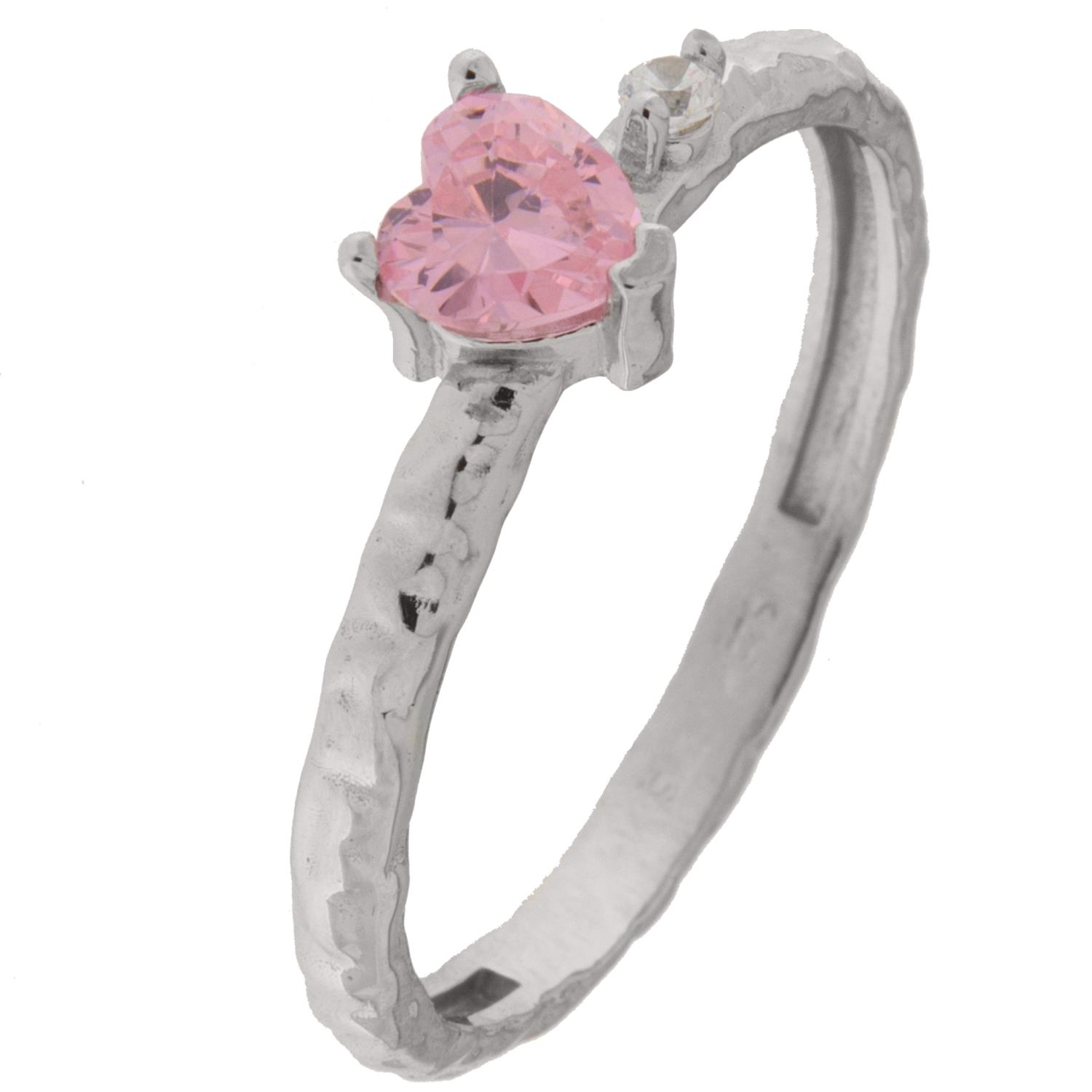 Ring rh.sølv lys rosa hjertesten m/blank liten zirc. på siden, banket skinne