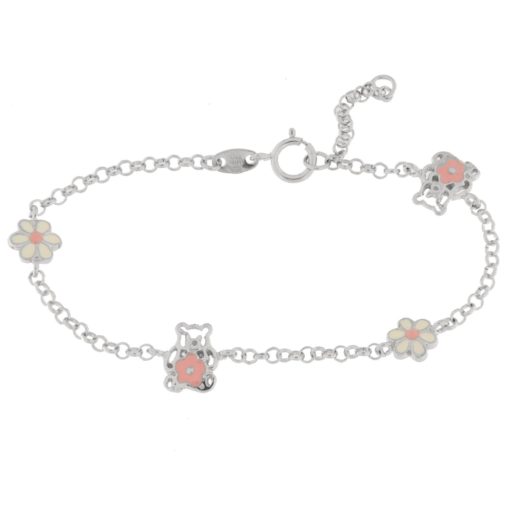 Armlenke rh.sølv bamse m/rosa blomst + hvite blomster 14+2,5cm
