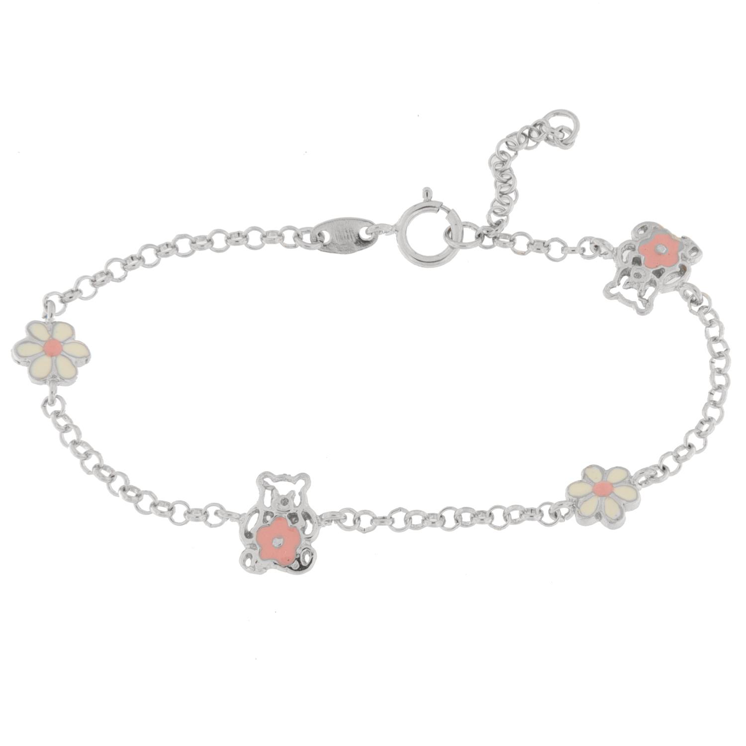 Armlenke rh.sølv bamse m/rosa blomst + hvite blomster 14+2,5cm