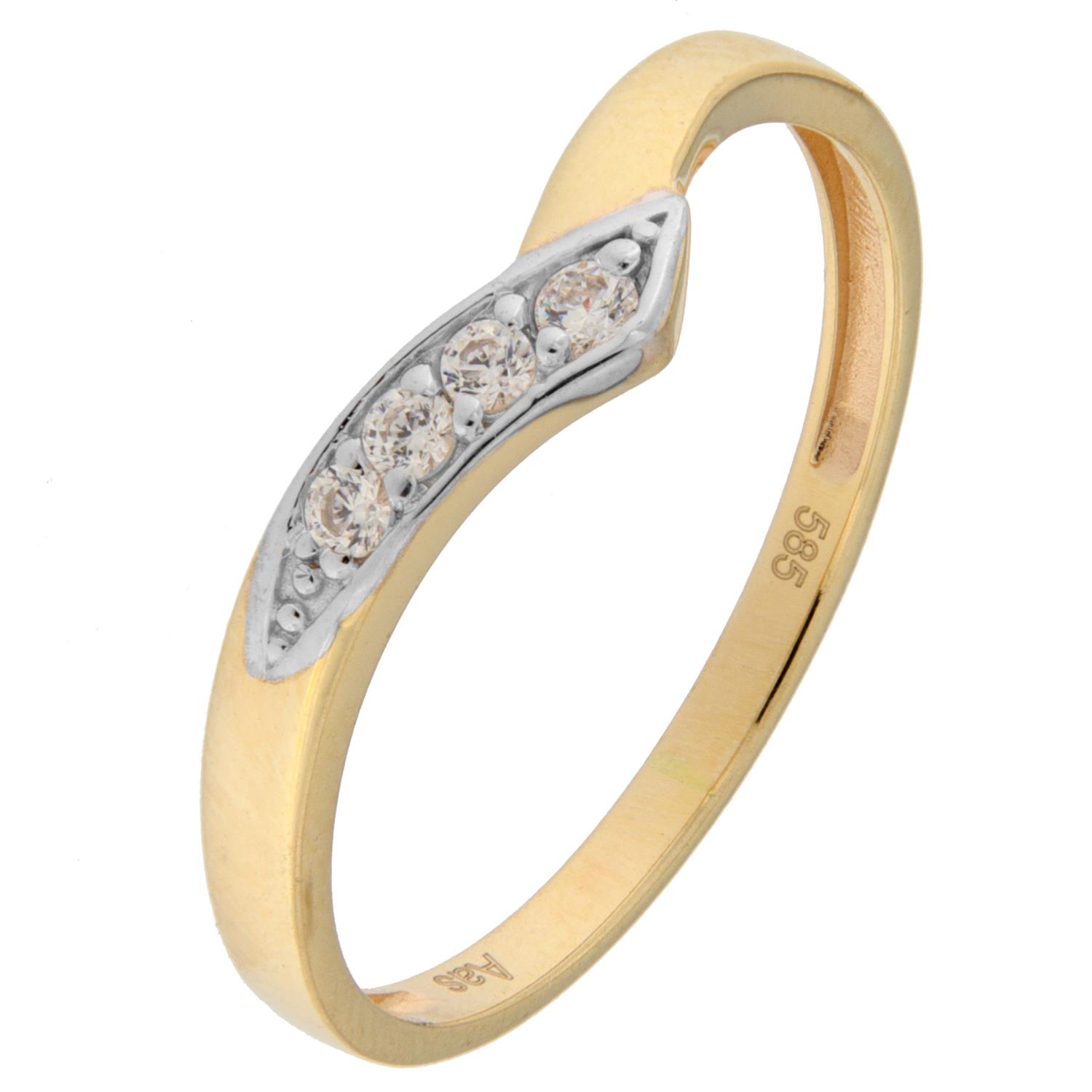 Ring gull v-formet rhod.felt m/blanke zirconer foran