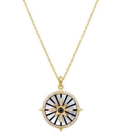 Collier fg.sølv Dusk Divas 18mm "kompass" m/stjerne, perlemor og sorte detaljer 48+2+3cm