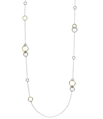 Collier rh.sølv tynn lenke m/ass. størrelse sirkler bicolor m/zirconer 80cm