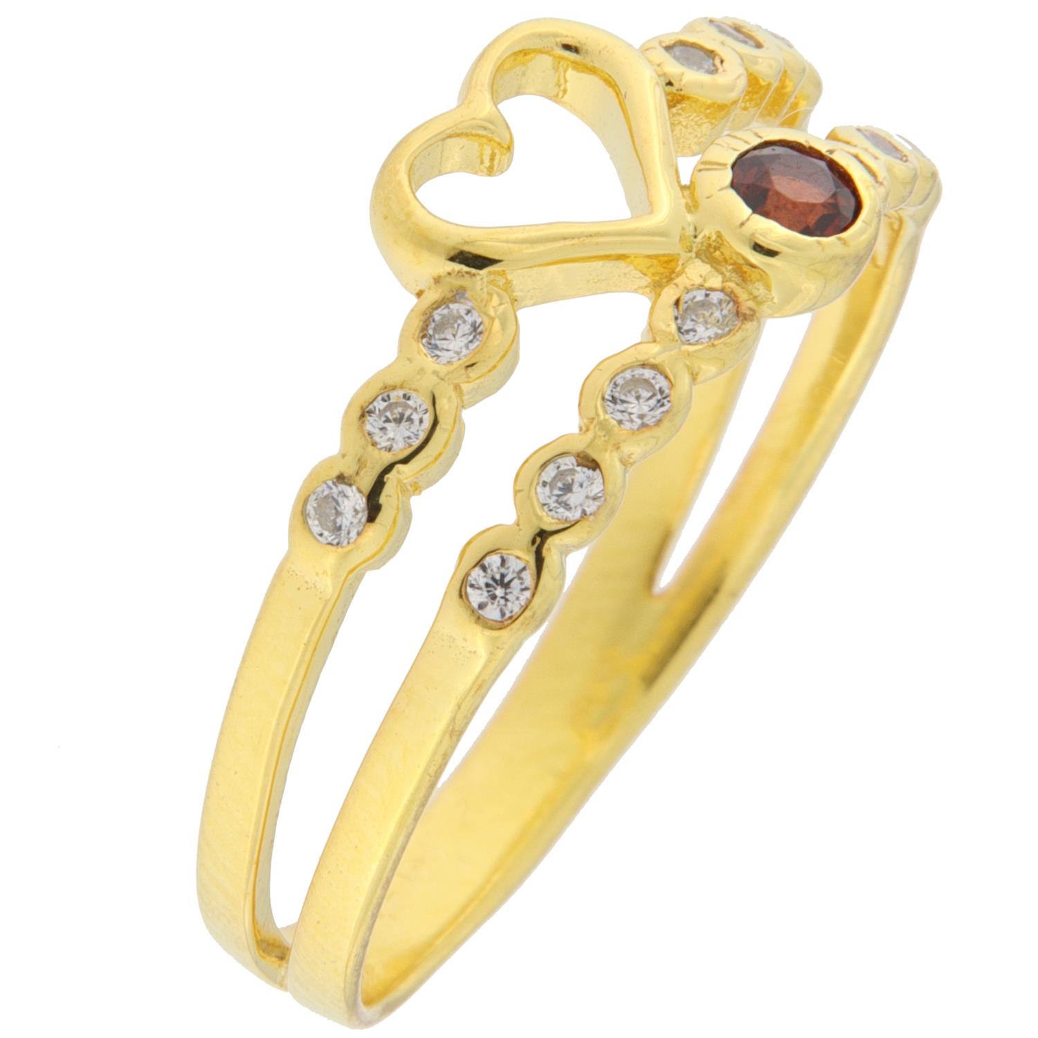 Ring fg.sølv 2r: 1r m/hjerte / 1r m/rød zircon, blanke zirconer i begge rader
