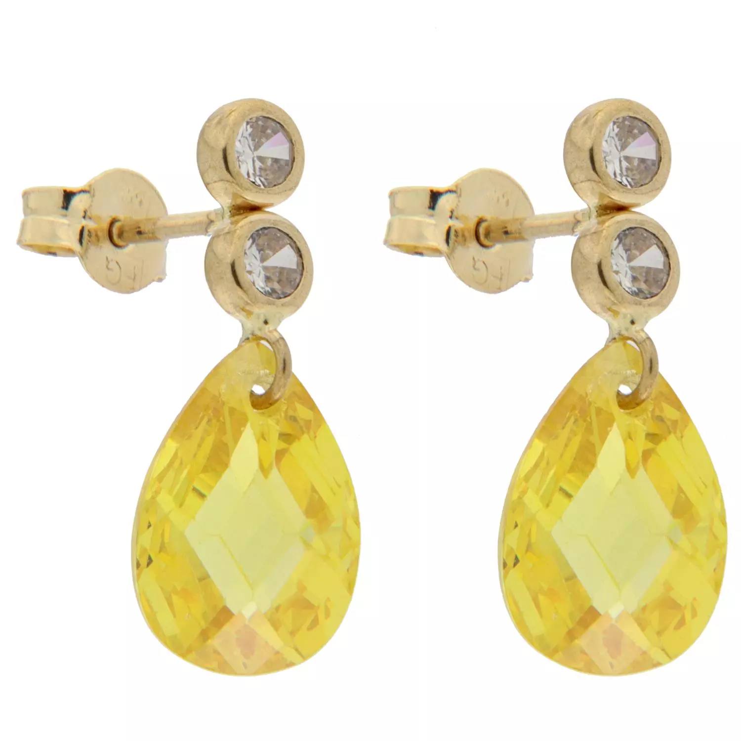 Øreheng gull gul dråpeformet zircon i heng, to runde blanke zirc over