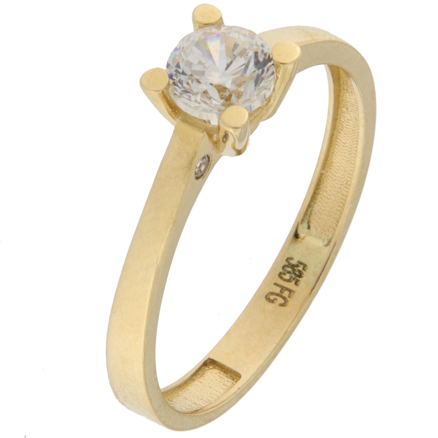 Ring gull enstens zircon i 4 klør m/små zirconer bygd inn i broen på hver side av zirconen