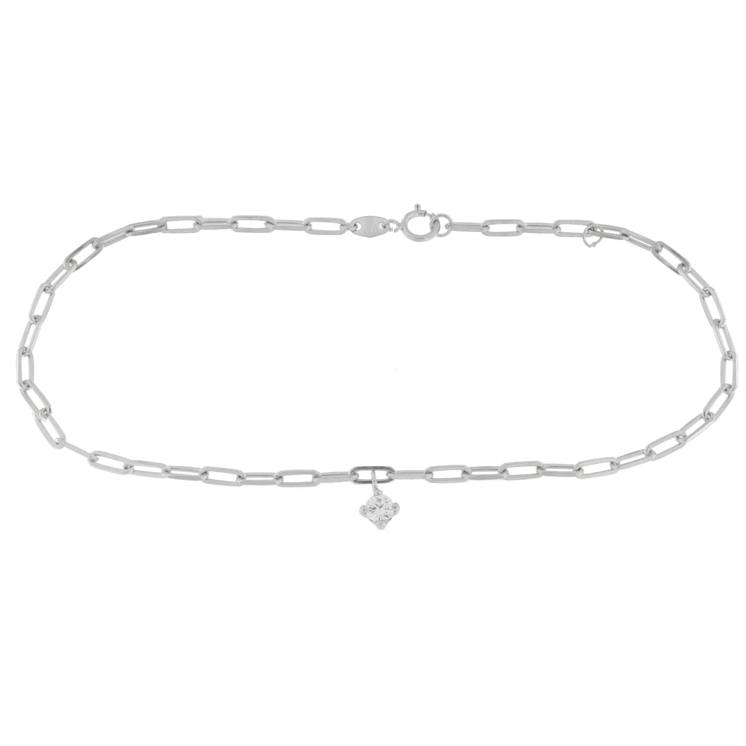 Fotlenke rh.sølv paperclip chain m/blank zircon i fire klør, 23+2cm