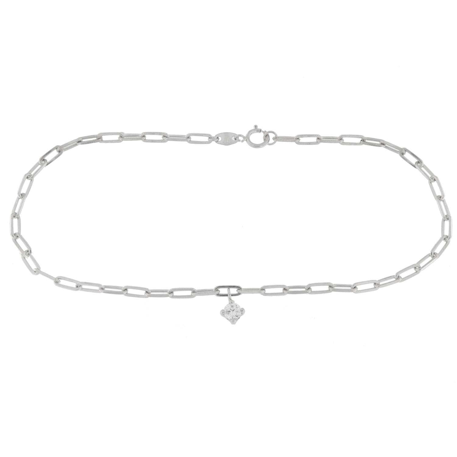 Armlenke rh.sølv paperclip chain m/blank zircon i fire klør, 17cm