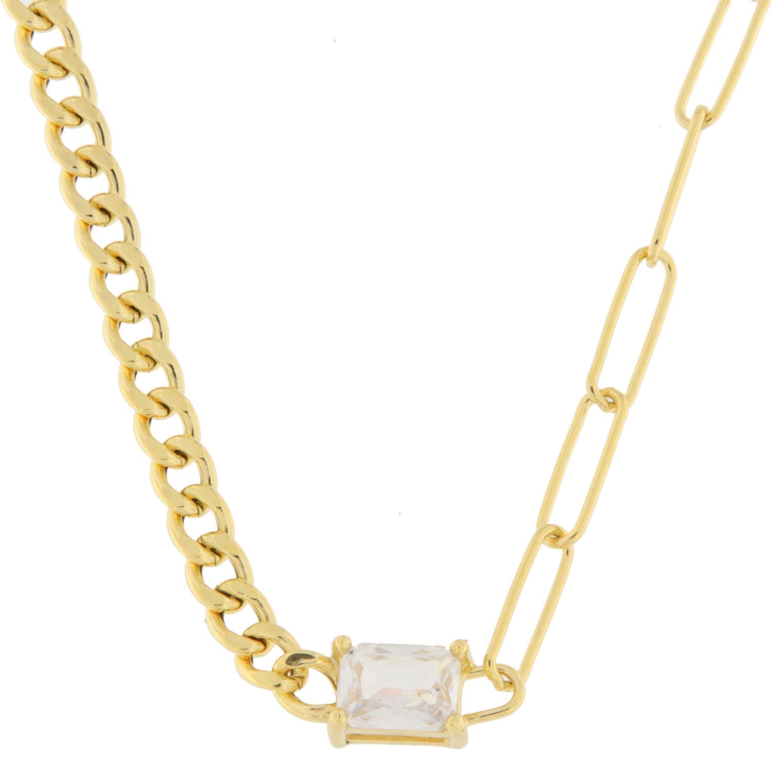 Collier fg.sølv half'n'half paperclip / panzer m/rektangulær zircon foran 45+5cm