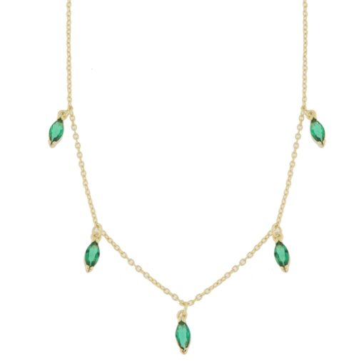 Collier fg.sølv 42+3cm m/heng grønne navette-stener foran