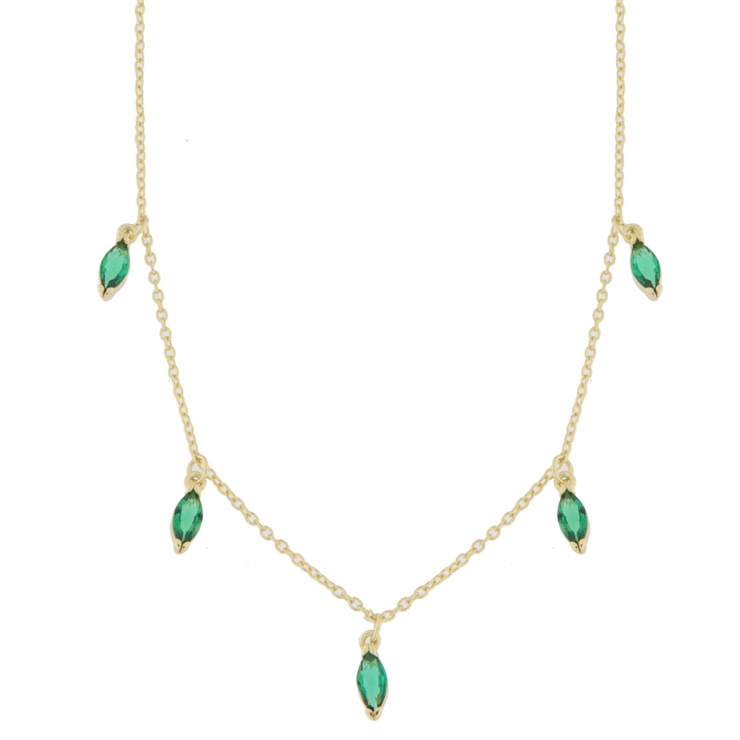 Collier fg.sølv 42+3cm m/heng grønne navette-stener foran