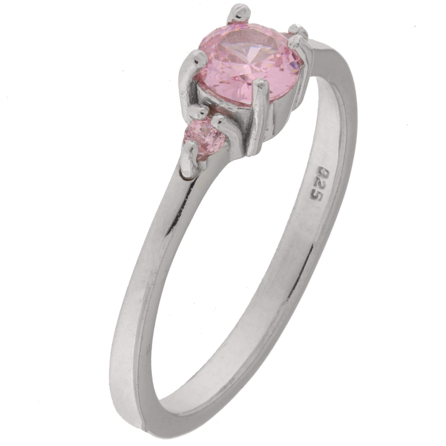 Ring rh.sølv m/lys rosa zirconer 1 stor og 1 liten på hver side