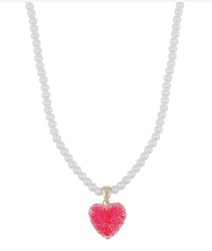Collier "gull" Sugar hearts rød m/4mm hvite perler rundt hele 45cm