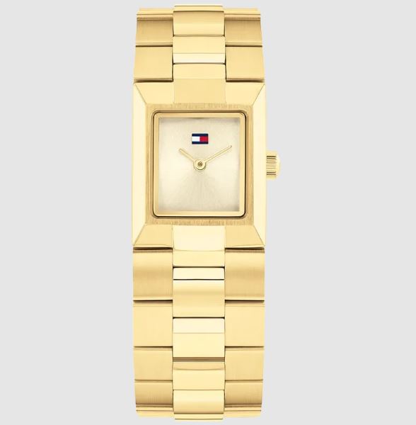 Tommy Hilfiger klokke fg.stål rektangulær m/lenke gyllen skive 25mm dame 3 BAR