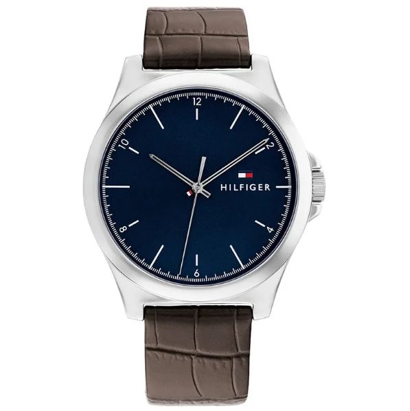 Tommy Hilfiger stål blå skive / brun reim 42mm herre 5 BAR