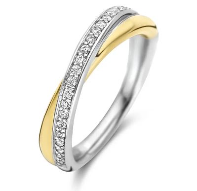 Ring bicolor sølv 2r i kryss glatt/cz.