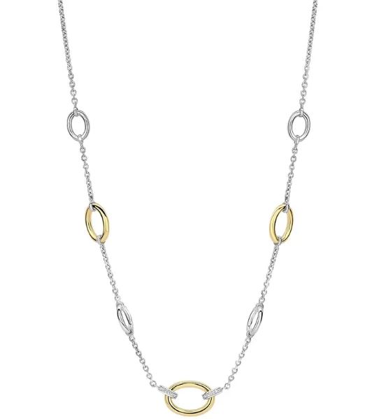 Collier bic.sølv ovale former rh.+fg. fast på kjedet / rh. ankerkjede 38+10cm