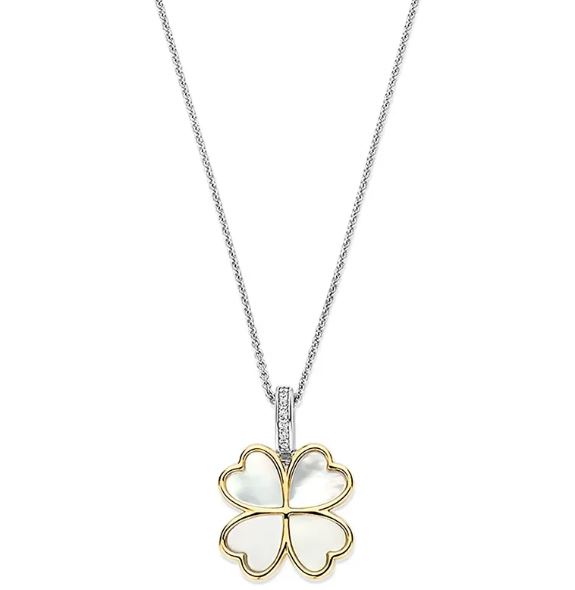 Collier bic.sølv 17mm firkløver i perlemor / ankerkjede 45cm