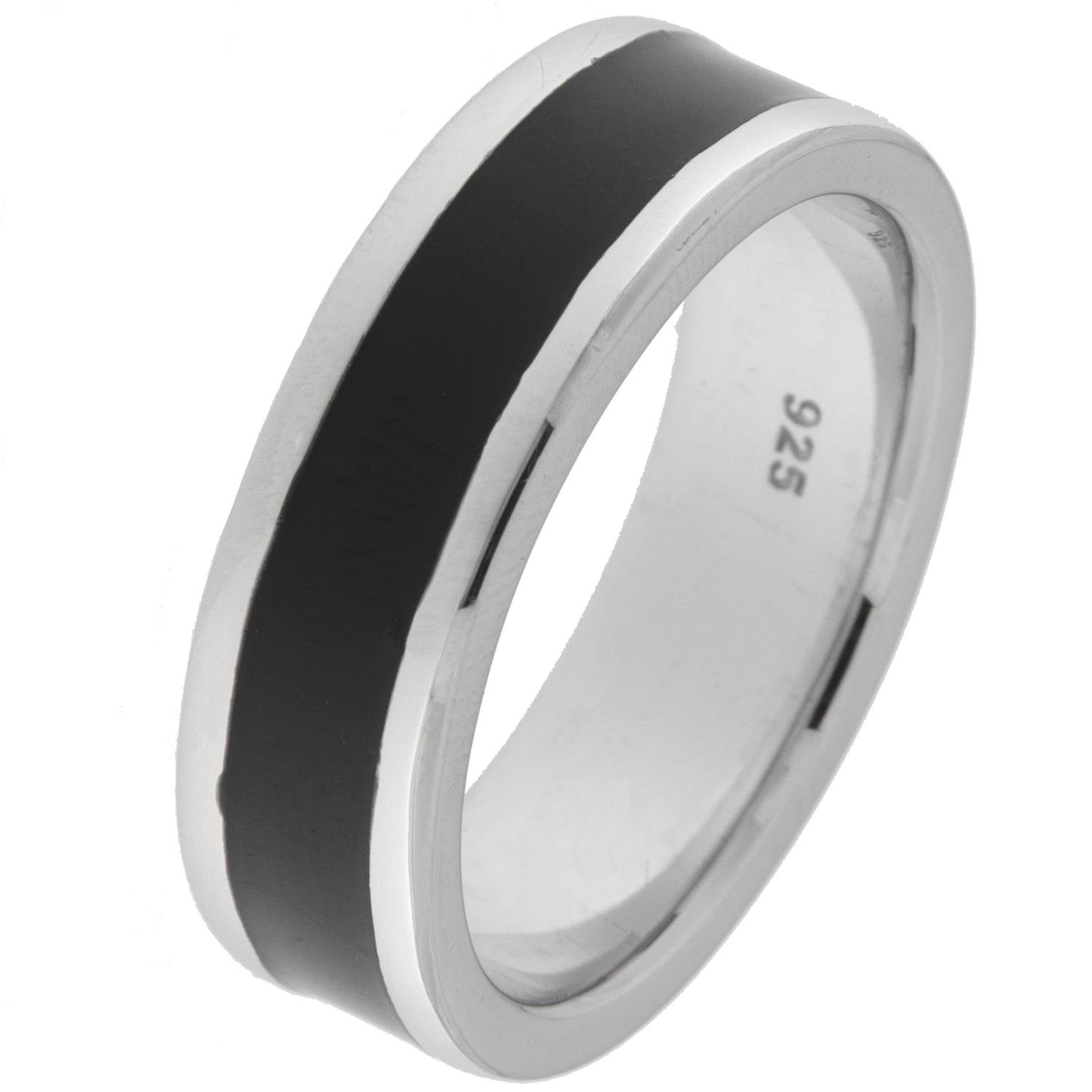 Ring rh.sølv sort stripe gjennom midten 6mm bred