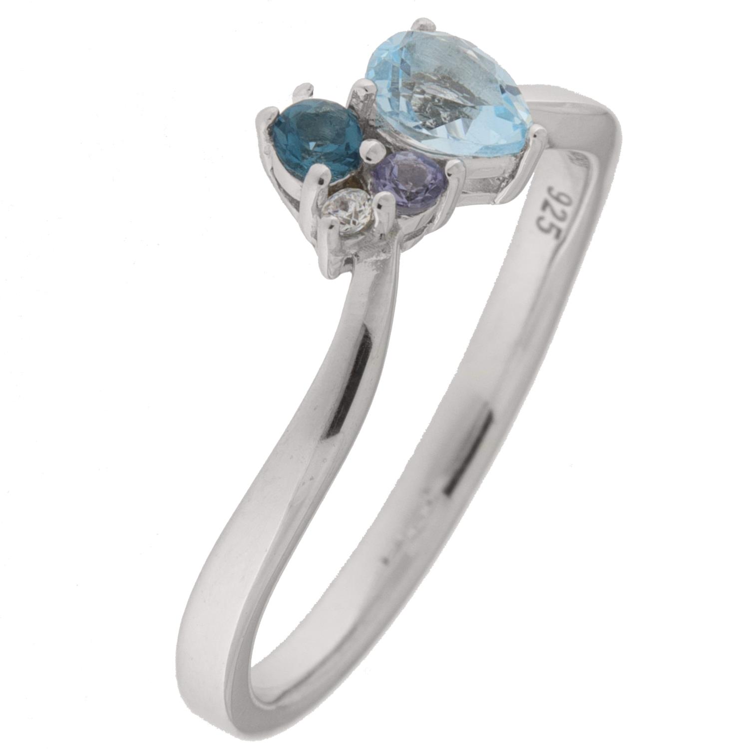 Ring rh.sølv 7mm "klase" av blå mix topaz, eolitt og cubik zirconer