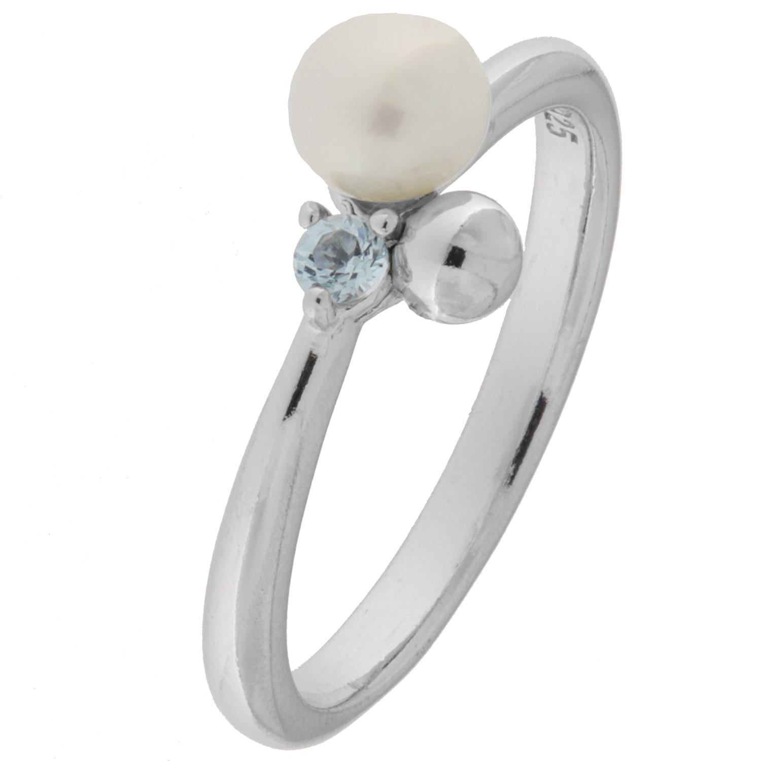 Ring rh.sølv 5mm fvp., 2mm topaz og 2mm glatt kule