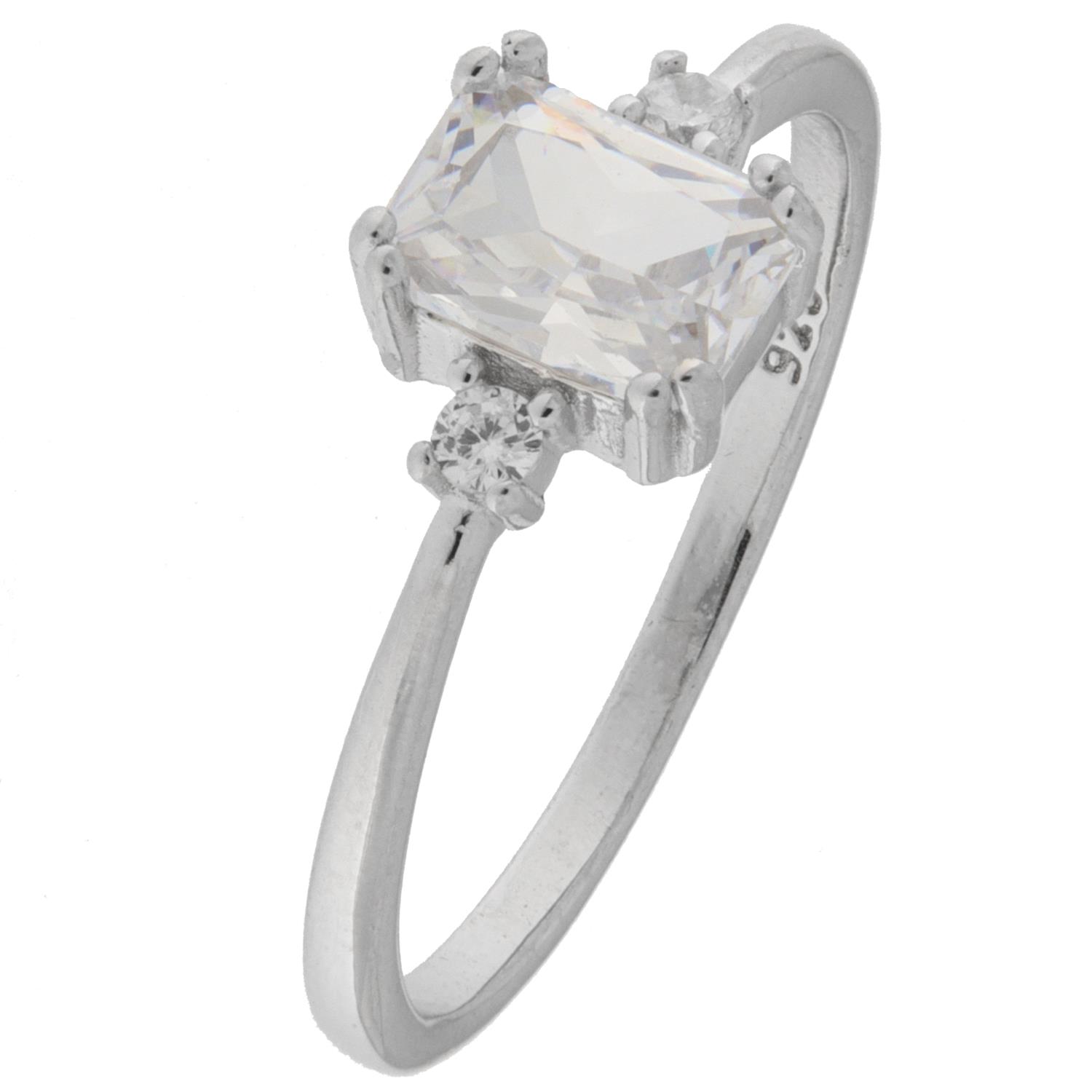 Ring rh.sølv Isabella rektangulær zircon m/to runde zirconer på sidene