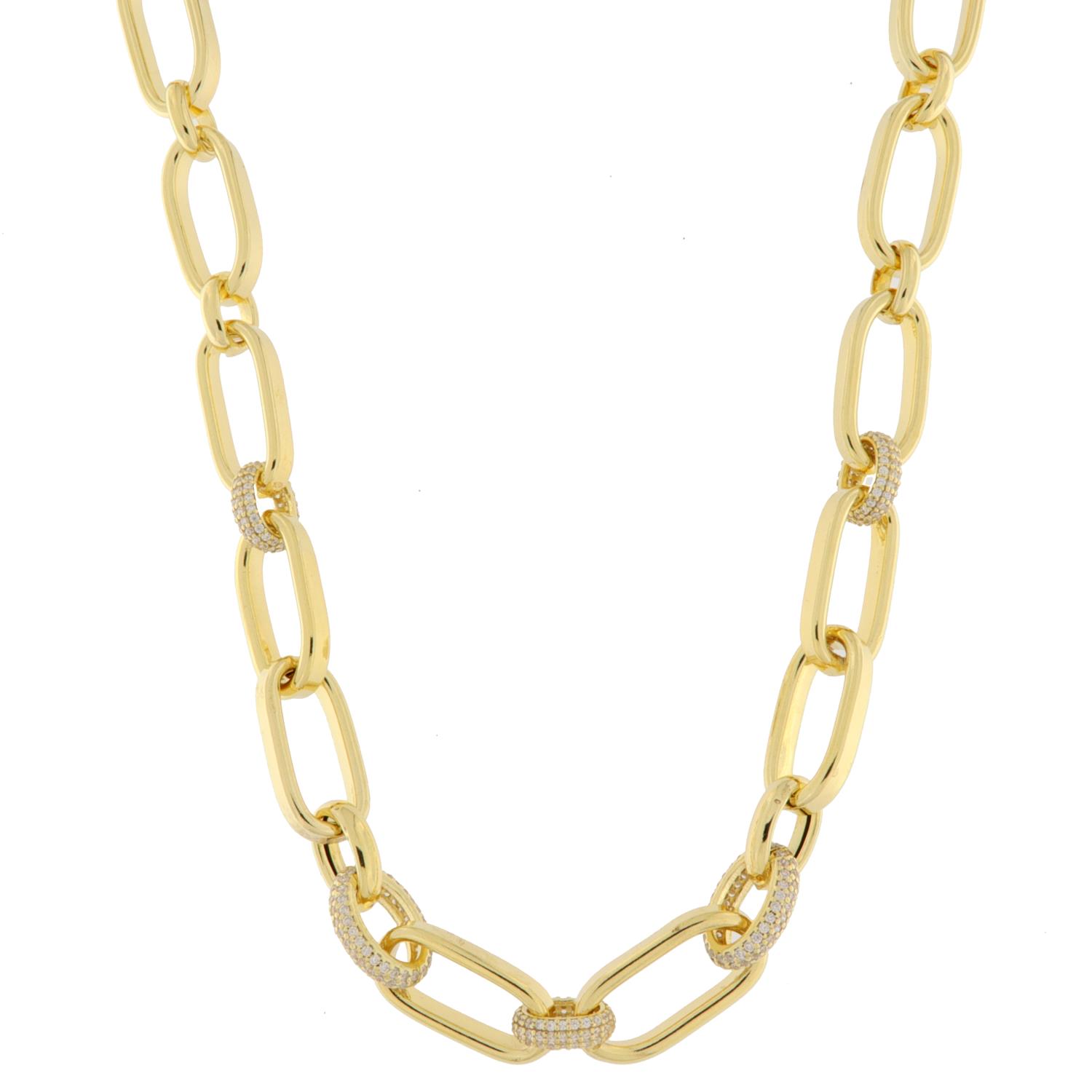 Collier fg.sølv 10mm åpne, rundede ledd m/blanke zirconer i mellomledd 49cm