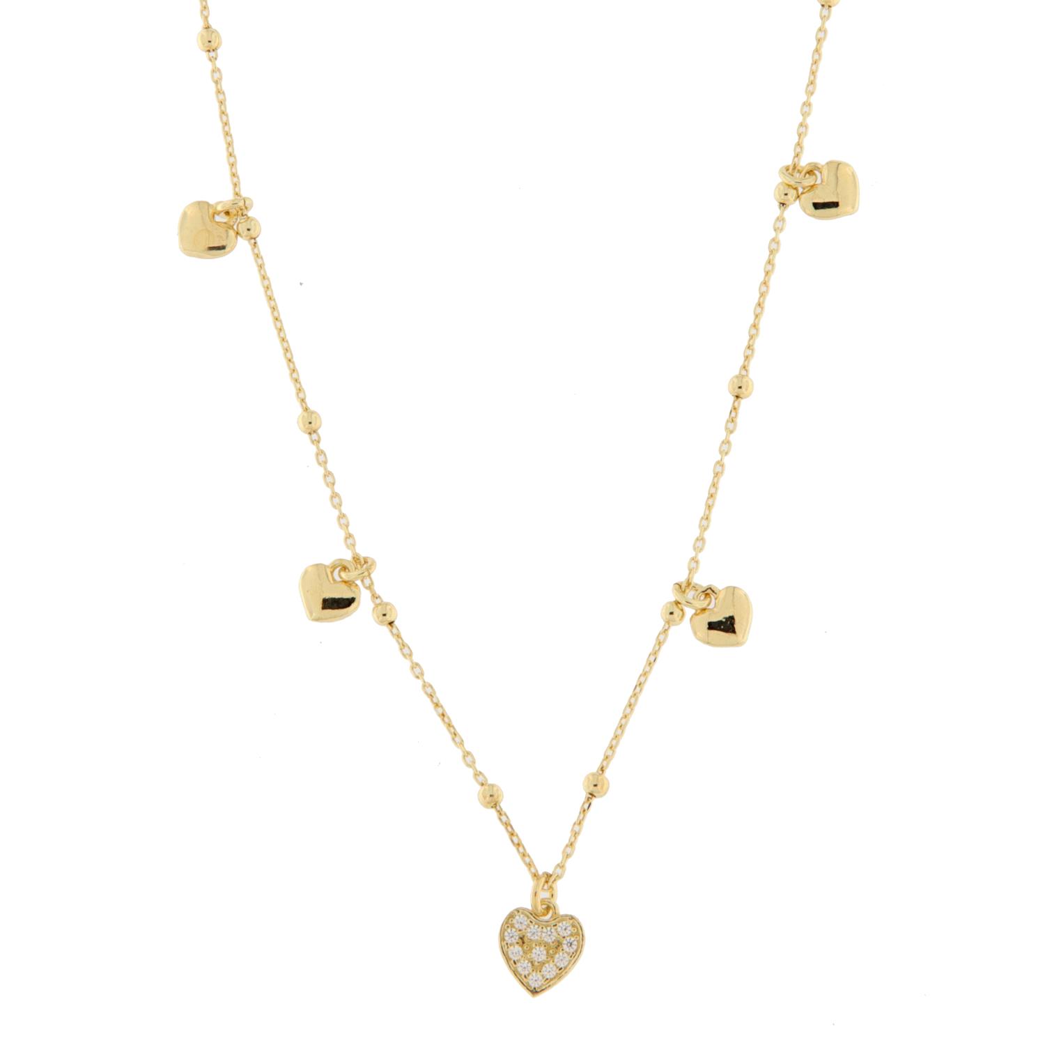 Collier fg.sølv tynt kjede m/glatte hjerter + zircondekt hjerte 45+5cm