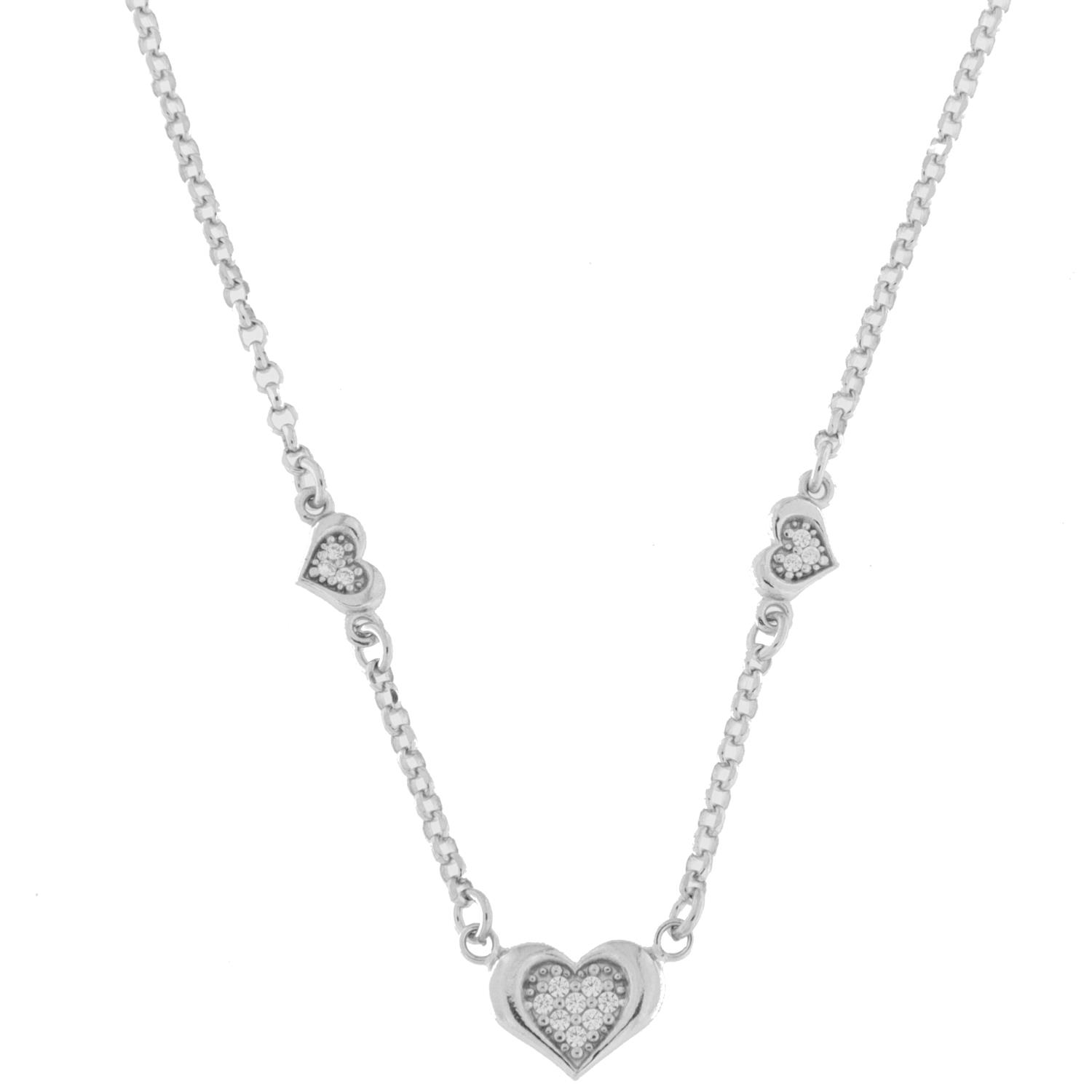 Collier rh.sølv hjerte m/blanke zirc + 2 små hjerter på sidene 40+5cm