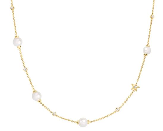 Collier fg.sølv Miss Dainty hvite perler + zirconer + stjerne 37+8cm