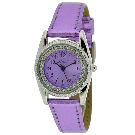 Barneklokke lilla rosa skinnreim m/rosa urskive, steiner rundt