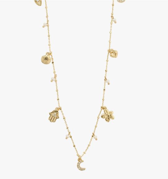 Collier "gull" Prucence assorterte charms + fv.perler 38+9cm