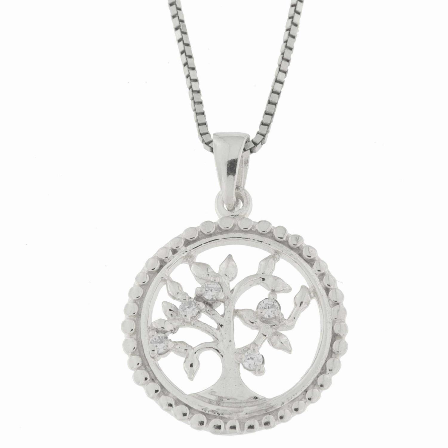 Anheng rh.sølv "Livets tre" 18mm prikket kant m/c.zirconer i bladene