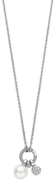 Collier rh.sølv sirkel m/ 10mm hvit perle + 6mm c.zircon 38+10cm rh. kjede