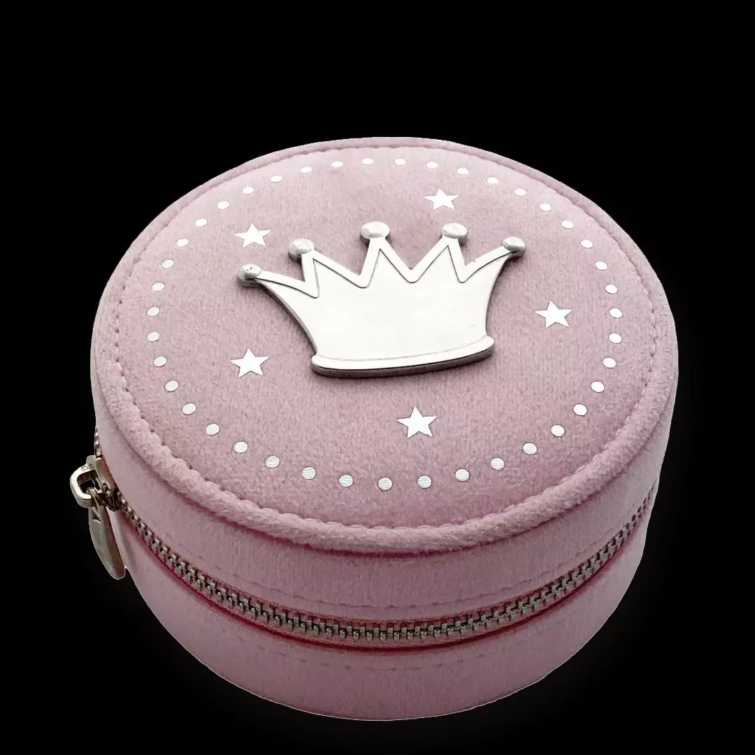 Smykkeskrin rosa velour tinn krone