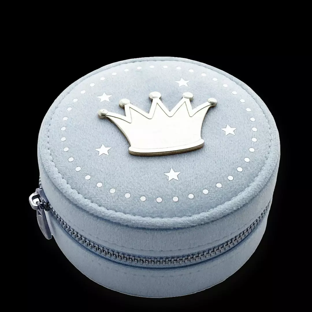 Smykkeskrin lys blå velour tinn krone