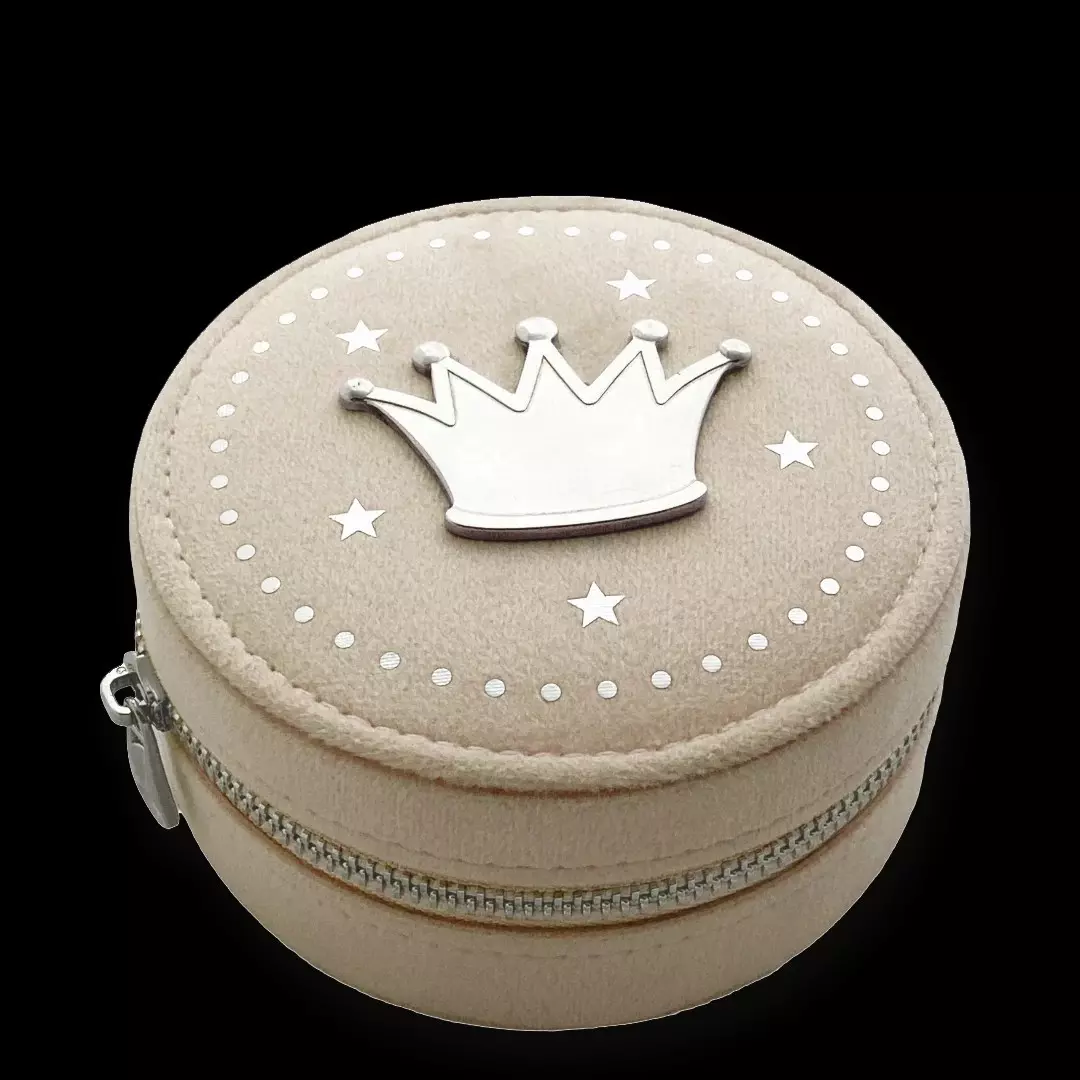 Smykkeskrin beige velour tinn krone
