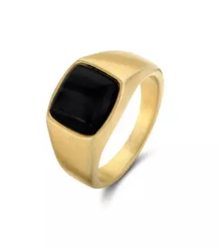 Ring stål antikkforgylt signet m/sort agate - Frank 1967