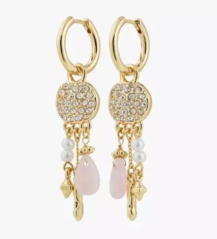 Øreringer "gull" Shift 15ø m/charms: plate m/blanke stener, rosenquartz, perler, "nuggets"