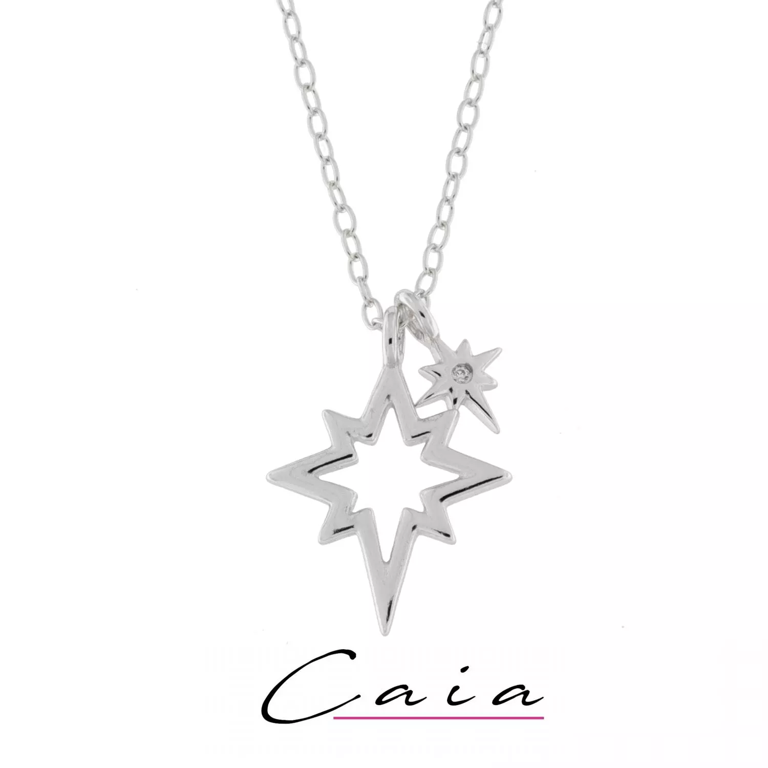 Anheng rh.sølv stor+ liten stjerne m/zirc. på tynn ankerkjede