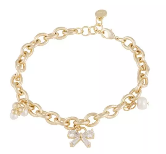 Armlenke "gull" Eira 6mm lenke m/charms: 3 zirconer, sløyfe m/zirc, 3 perler 17+2cm