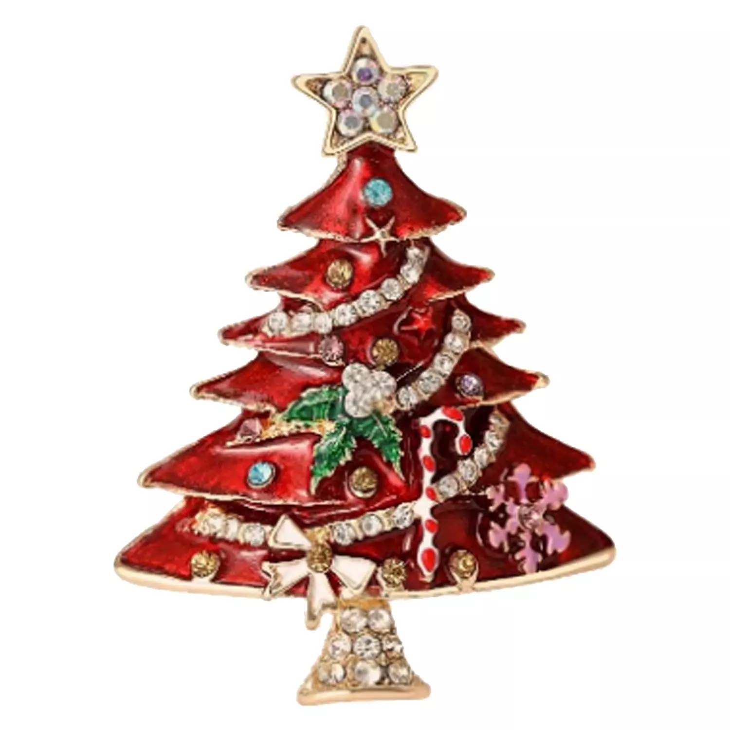 Julenål "gull" juletre rødt m/diverse pynt og blanke stener