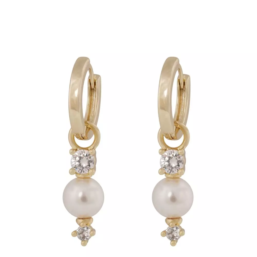 Ørering "gull" Eira 14ø m/ perle og 2 blanke zirconer som charms