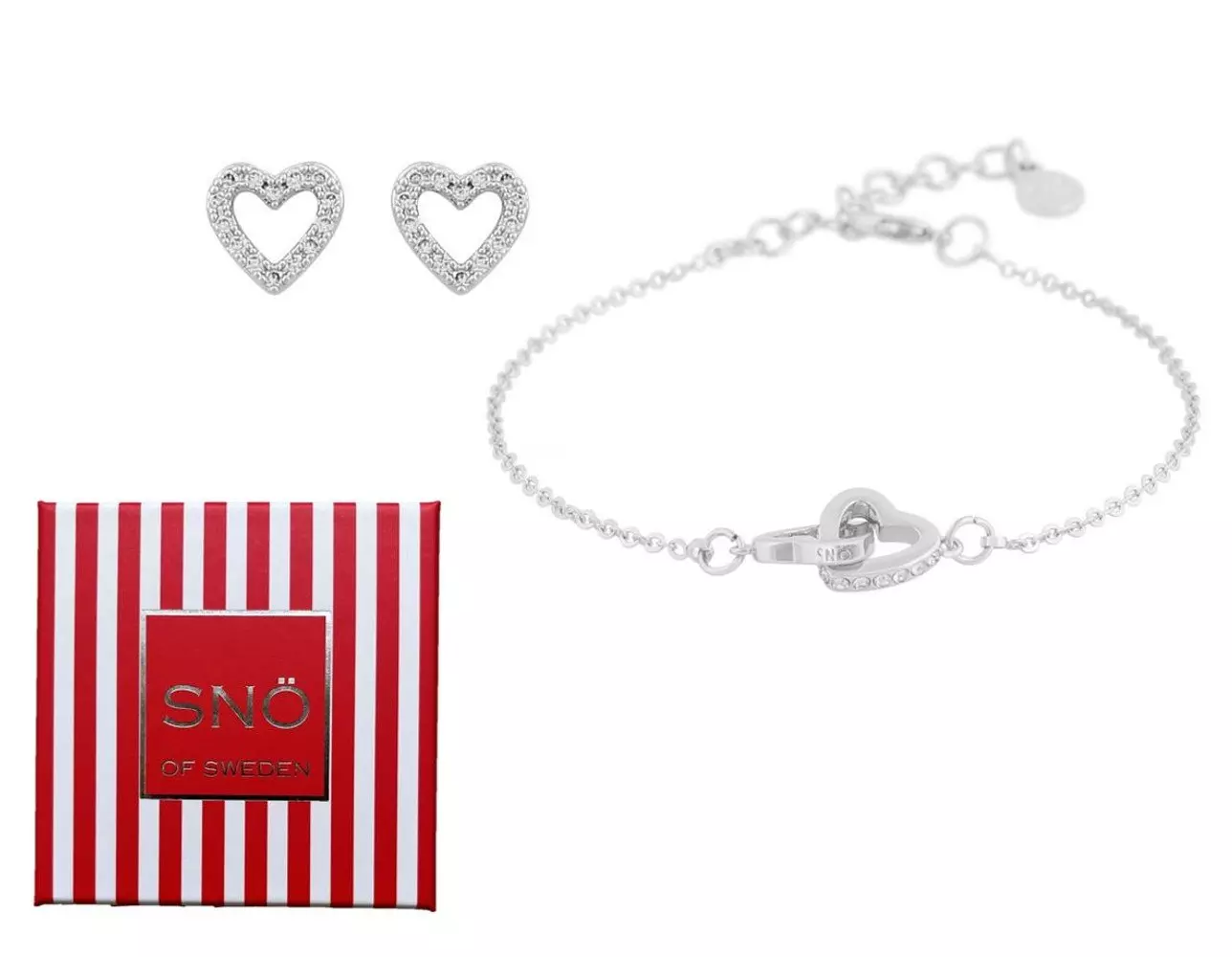 Snø smykkesett "sølv" armlenke m/2 hjerter i hverandre + hjerte-ørepynt m/zirconer