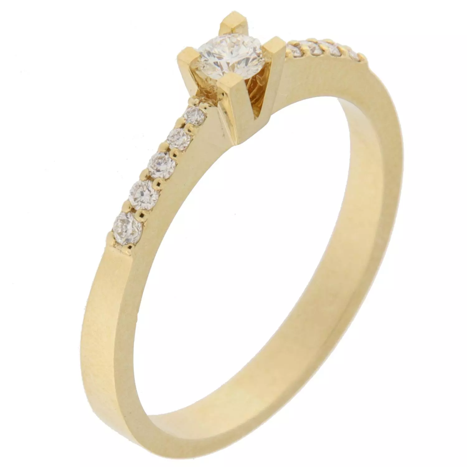 Ring gull 0,20ct WSI enstens lux m/diamanter nedover skinnen, firkantede klør (Veil. 17.990,-)