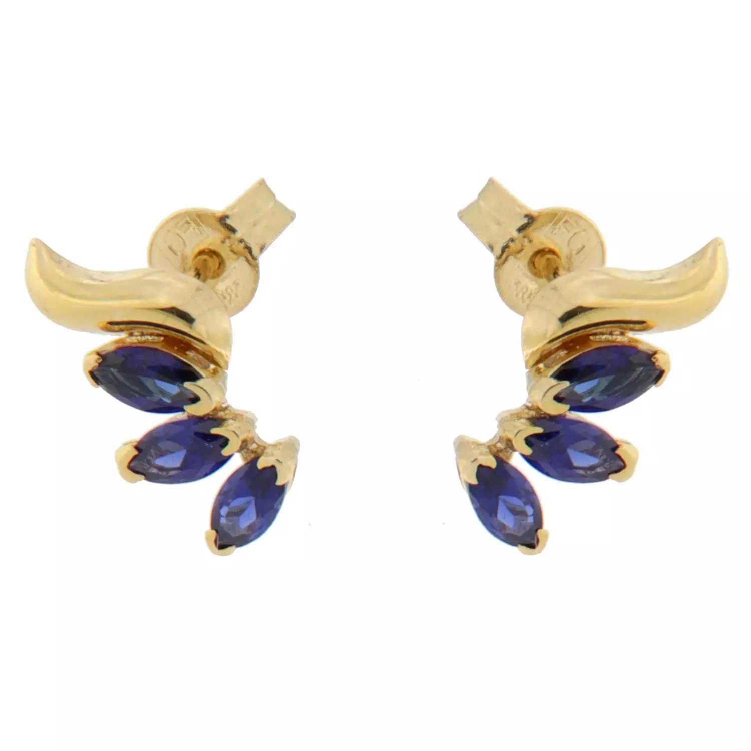 Ørepynt gull rad av mørk blå navetteformede zirconer + bue i topp